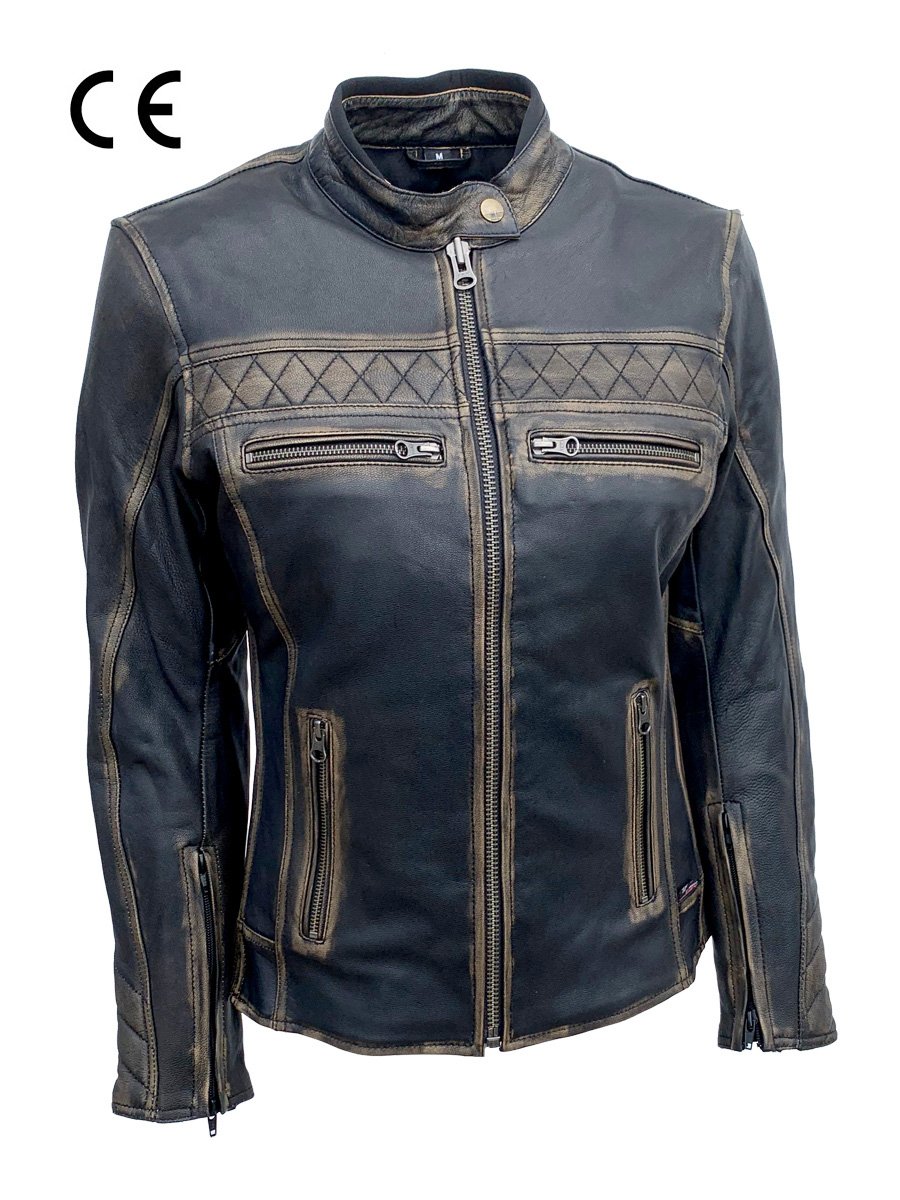 BIESSE Men’s Vintage Soft Leather Motorcycle Jacket – Black/White – CE Protection Removable Thermal Liner